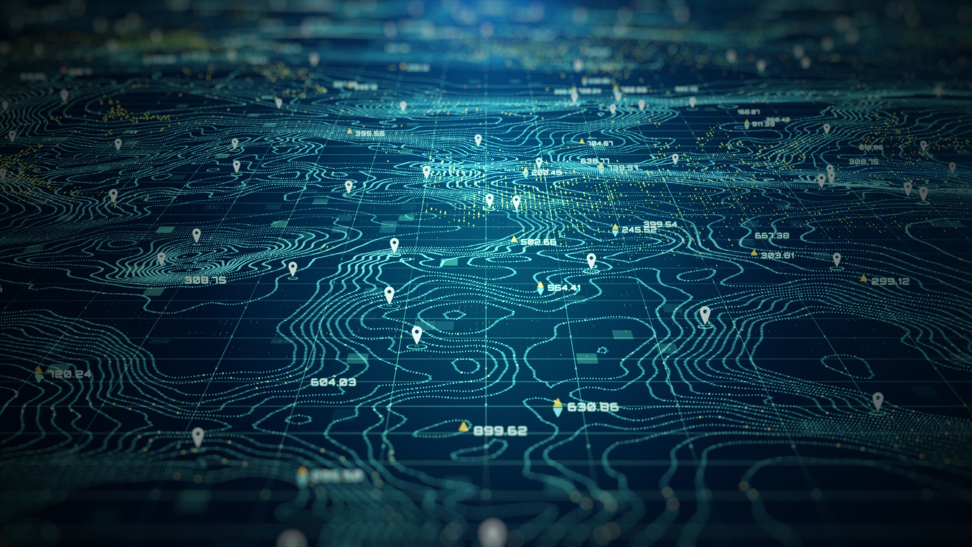 High-tech digital topographic map with glowing data points, GPS markers, and geospatial analytics. Technology big data and geospatial concepts. Future abstract background 3d Rendering